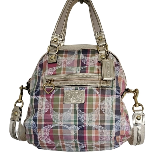 Coach daisy madras Satchel gold metallic trim detachable canvas strap multicolor - Picture 1 of 8